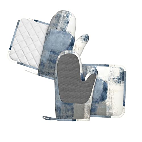 Oven Mitts Pot Holders Set Gray Blue Modern Art Silicone Kitchen Gloves Potholders Heat Resistant For Chef Baking Cooking Grilling Bbq 4 Pack Mitt #TOP1