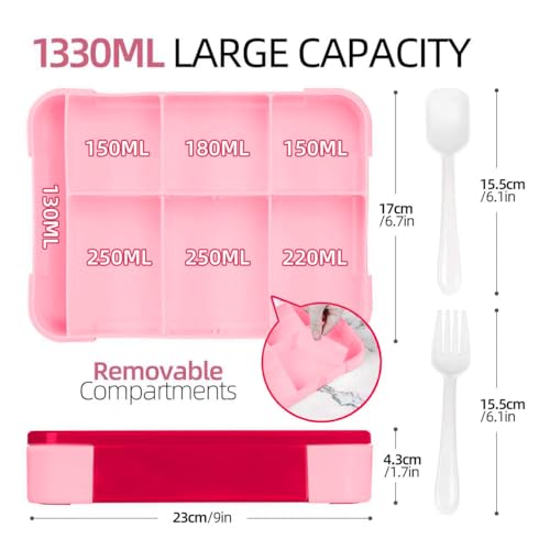 Wybtbm Brotdose Kinder mit Fächern, 1330ml Lunchbox Kinder, Auslaufsicher Bento Box Kinder für Kindergarten, Picknick, Schule, Ausflug (Rosa)