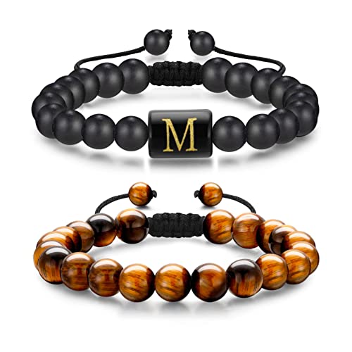 Gifts For Men Tiger Eye Bracelet, 8Mm Tiger Eye Matte Agate Stone Mens Bracelet Letter M Initial Bracelets For Men Adjustable Mens Beaded Bracelets Gifts For Men #TOP3