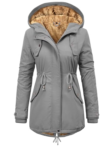 CMTOP Winterjacke Damen Warm Wintermantel Gefüttert Parka Winter Damen-jacken Lang Dicke Mantel mit Kapuze Herbst Winter Jacke mit Taschen, Kordelzug(Hellgrau, XL)