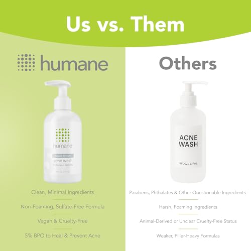 humane Benzoyl Peroxide Face Wash - 5% Regular-Strength Acne Face Wash For Skin, Back & Body - 8 Fl Oz - Dermatologist-Tested Non-Foaming Cleanser - Benzoyl Peroxide Acne Treatment - Cruelty-Free