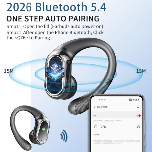 Image of Wireless Earbuds, 2026 Bluetooth 5.4 Headphones Sport, 60Hrs HiFi Stereo Deep Bass Over-Ear buds with ENC Noise Cancelling Mic, IP7 Waterproof & LED Display Earphones with Earhooks for Workout /Running