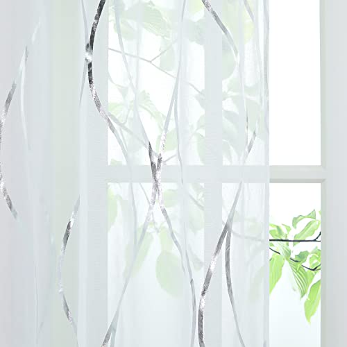 SCHOAL Curtains with Eyelets Transparent Voile Curtain Window Curtain Modern Decorative Curtains with Shiny Waves Pattern 1 Piece W x H 140 x 225 cm Silver - Image 4