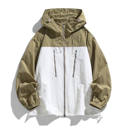 [Ｓｅｍｏ１ｍｕｓ] ウインドブレーカー メンズ 薄手 夏 ナイロン 長袖 ジャケット アウター 大きいサイズ 速乾 通気 涼しい フード付き 無地 日焼け止め 冷房 アウトドア グリーン Lサイズ