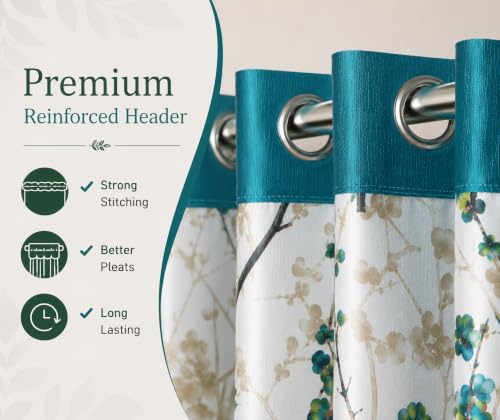 Image of Floral Printed Long Door Curtains for Living Room & Bedroom, Premium Polyester Eyelet Door Parde, Light Filtering & Privacy Curtains for Home, 9 Feet Long, Aqua Blue & White, Set of 3