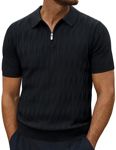 PJ PAUL JONES Mens Polo Shirts Stretch 1/4 Zip Knitted Polo Tshirt Golf Tops L Black