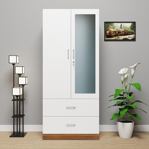 Image of VIKI Wardrobe | Wooden Almirah for Clothes,Door for Bedroom, 2 Door Wardrobe with Drawer, Mirror & Hanging Space (Walnut & White - 40D x 80W x 180H) | 1 Year Warranty | Free Assembly
