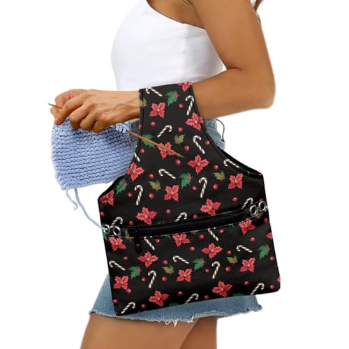 Image of KUIFORTI Christmas Yarn Bag for Crocheting, Xmas Poinsettia Flower Crochet Bag Organizer, Knitting Bag Crochet Bag Small Yarn Bags for Crocheting on The Go