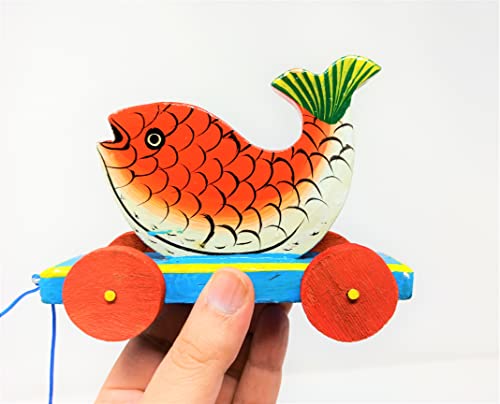 Image of A&A Kreative Box Wooden Pull Along Toy Encourage Walking, Build Gross Motor Skills and Hand-Eye Coordination Handcrafted by Indian Artisans for Kids Toddlers (Fish)