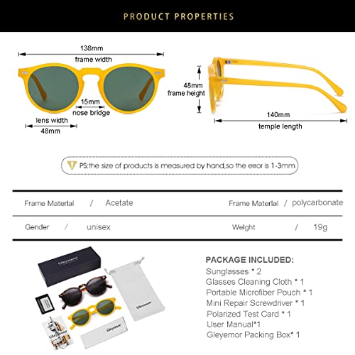 Image of Gleyemor Vintage Polarized Sunglasses for Men Round Sunglasses UV400 Protection Retro Hand-crafted Acetate Frame