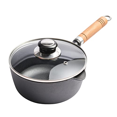 Cast Iron Nonstick Sauce Pan with Lid Small Kitchen Cooking Pot Deep Pan with Cool Wood Handle for Ramen Tempura Milk 16cm