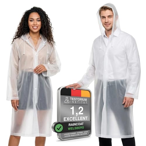Welsberg 2 st regnrockar, regnponcho med huva och ärmar, återanvändbara, vattentäta regnkläder för kvinnor och män, regnjacka för vandring fiske sport utomhusfestivaler, en storlek, transparent-vit