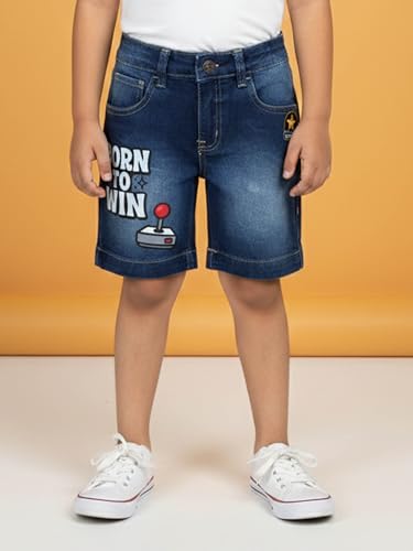 Image of KiddoPanti Boys Knee-Length Denim Shorts | Stretchable Cotton Poly Denim | Comfortable Fit with Button Elasticated Waistband & Zip Fly
