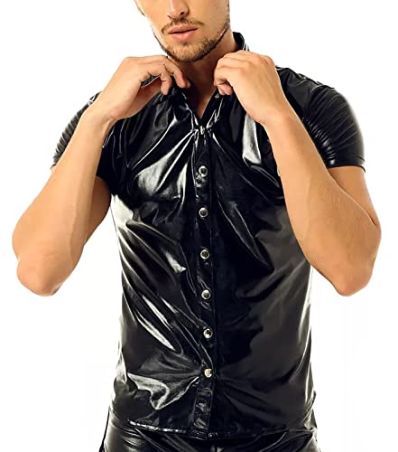 Image of AIEOE Men's Leather Metallic Shirts Shiny Slim Fit Stretch Top Wetlook Club Party Undershirts