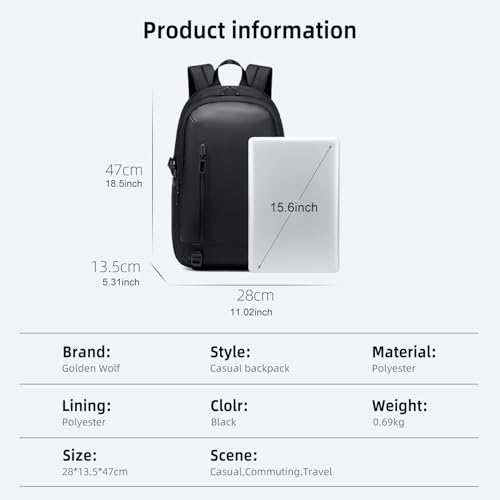 Image of GOLDEN WOLF Laptop Backpack 15.6 Inch, Office Backpack with 5 Compartments, Lightweight 17L Daypack, Water Resistant Travel Backpack with Hidden Pocket & Tripod Holder, Black