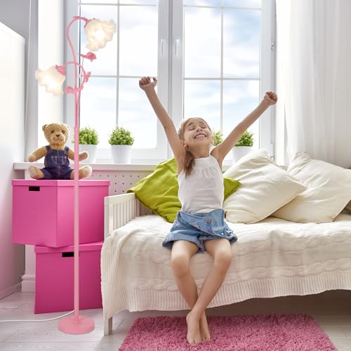 Image of HMVPL Pink Flower Floor Lamp, Floral Standing Lamp with 2 LED 5W Blubs, Foot Switch, Modern Corner Tall Lamp with Acrylic Shade, Girls Cute Floor Lamp for Living Room Bedroom Office Kids Reading