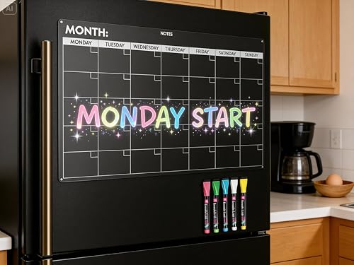 Fridge Calendar Acrylic 17x12”, Start Monday | Magnetic Calendar for Refrigerator | Acrylic Dry Erase Whiteboard Calendar for Fridge | Family Schedule Board with 5 Markers & Eraser by Freedom Mastery