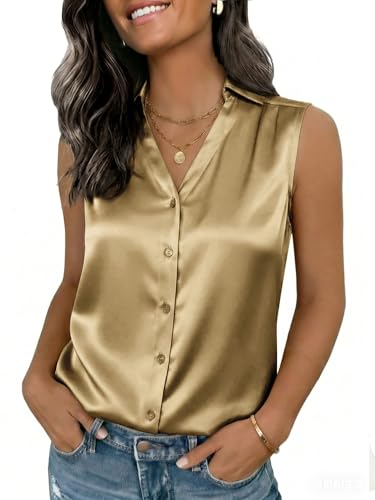 Funlingo Silk Satin Tank Tops Sleeveless Button Down Shirts Plus Size V Neck Business Casual Basic Blouse 2026 Summer Fashion Outfits Khaki XL