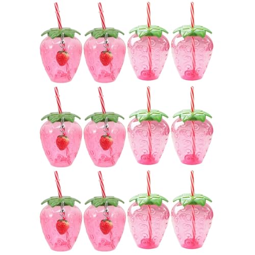 HOMSFOU 12 Pcs 17 Oz Strawberry Cup Strawberry Water Drinking Cup with Straw Strawberry Tumbler Drinking Bottles Mug for Hawaiian Summer Party