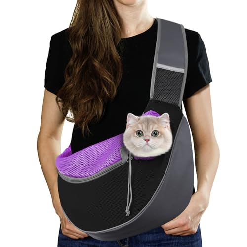 Pawaboo Trasportino per Cani, Borsa a Mano in Rete Traspirante per Cucciolo di Gatto, Coulisse con Cinghia Regolabile e Tasca, Borsa per Canis a Tracolla per Viaggi All'aperto, S, Viola Profondo