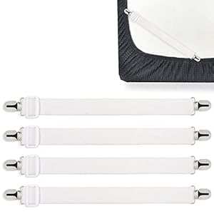 FlyWave Bettlakenspanner 4 Stück, Bettlakenspanner Verstellbar (30-100CM), Weiße Elastische Betttuchspanner, Spanner für Bettlaken, Matratze, Krippe, Bügelbrett oder Sofa