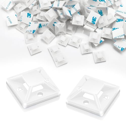 120 Piezas Sujeta Cables Pared Adhesivo 20mm x 20mm Soporte Cables Adhesivo Taco Bridas Sujetacables Autoadhesivos Bridas Plástico para Cables para Fijar y Gestionar Todo Tipo de Cables (Blanco)