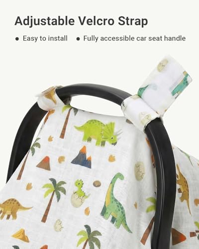 Image of Rquite Baby Boy Car Seat Cover, 100% Muslin Cotton Infant Carseat Canopy, Soft Breathable Stroller Sun Shade & Newborn Shower Gift, Large Size Universal Fit Summer, Hot & Warm Weather (Green Dinosaur)