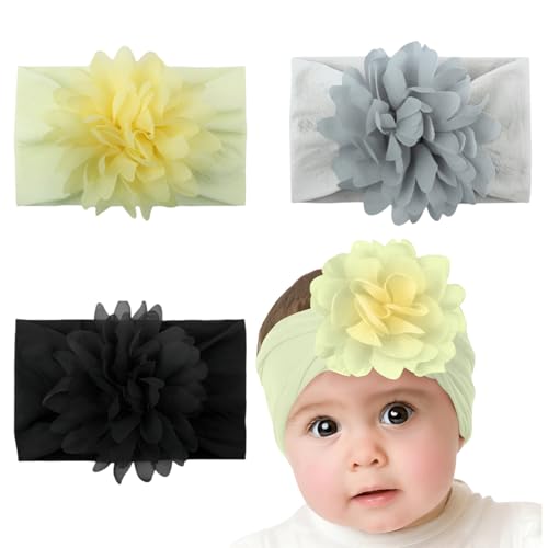 Image of SYGA PACK OF 3 Headbands Nylon Flower Soft Stretchable Hairband for Newborn Infant Toddler Kids For 0-3 Year Black-Beige Yellow-Grey)