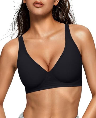OEAK Womens Deep V Bras Wireless Comfortable Bra Supportive No Underwire Bras Tshirt Push Up Bralettes Plunge Seamless Bra Black M