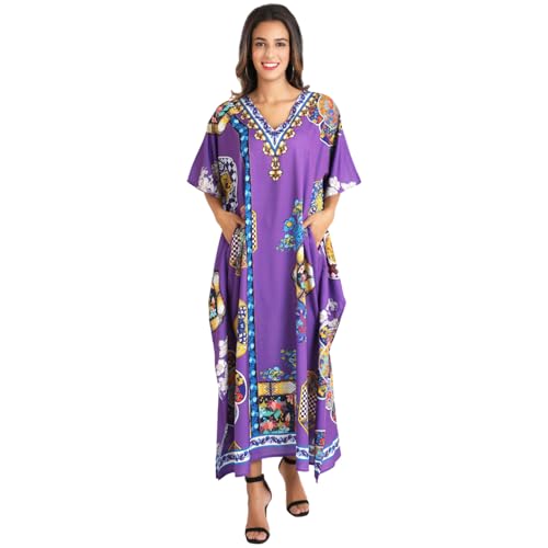 Image of Miss Lavish London Purple Kaftan Dresses for Women V Neck Batwing Sleeve Beach Vacation Bikini Swimsuit Cover Ups, Ethnic Print Plus Size Dubai Caftan Maxi Dress with Side Slits-Purple-S