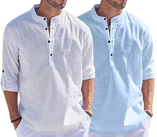 Image of Bellstone Men's Cotton Blend Straight Kurta Shirt Combo with Mandarin Collar - Slim Fit Casual Short Kurti Set Featuring Textured Slub Fabric and Roll-Up Full Sleeves