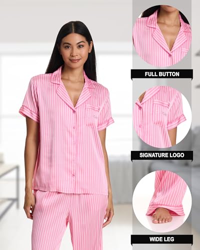 bebe Women's Silky Satin Bridesmaid Pajama Set – Button Down Short Sleeve Sleepwear in Luxe Patterns2