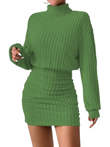 HBQ Women's Lightweight Sweater Dress Ruched Bodycon Mini Dress,Green,M