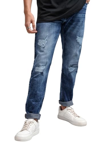 Image of Highlander Mens Tapered Fit Denim Jeans|Jeans for Man Regular Length|Distressed Jeans |Mid-Rise|Stylish Casual Wear with Stretchable Fabric for Everyday Comfort