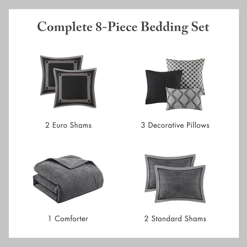 Image of Madison Park Signature Cozy Comforter Set - All Season Bedding Comforter, Shams, Decorative Pillows, Geometric Shades of Black Queen (92 in x 96 in) 8 Piece