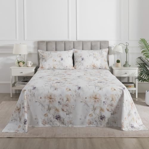 Image of Vintage Brown Floral Percale Bed Sheets Full Size Deep Pocket 4Pcs | 100% Cotton White Flower Sheet Set, Blooms Printed Shabby Chic Sheets, Cottagecore Luxury Bedding, Farmhouse, Soft Crisp