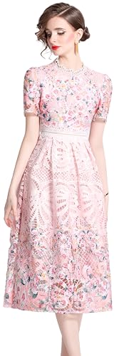 Image of LAI MENG FIVE CATS Women's Lace Floral Short Sleeve Crochet Waist Cocktail Midi Dress