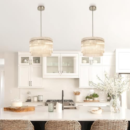 Image of 15.44 inch Drum Chandeliers Dining Room Brushed Nickel 6-Lights | Modern Round Glass Chandelier with Crystals for Living Room Kitchen Island Entryway Foyer Stairway Light Fixture
