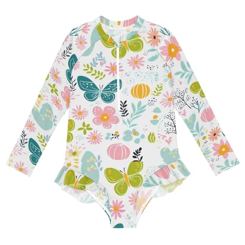 1 Piecing Long Sleeve Swimsuit Girls Cartoon Floral Daffodil Petal Peach White Swim Suits for Bathing Suit 5-6T