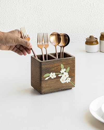 Image of Aurum Crafts Bella Mango Wood Cutlery Stand | Spoon & Fork Stand For Kitchen | Cutlery Holder For Dining Table | Multipurpose Stand For Kitchen (Size - 6In X 4.5In X 5In) , 15 x 11.5 x 12.5 cm