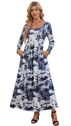 VintageClothing Women Casual Plain Maxi Dresses Long Sleeve with Pockets,L