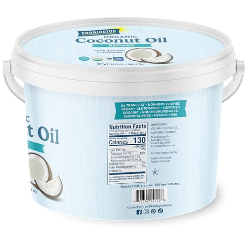 Image of Carrington Farms Organic Refined Coconut Oil, 1 Gallon, Cold-Pressed, Non-GMO, Gluten-Free, Perfect for Cooking, Baking, Skin Care, Hair Oil, MCTs, 128 fl oz - Nutrient-Rich, No Trans Fats