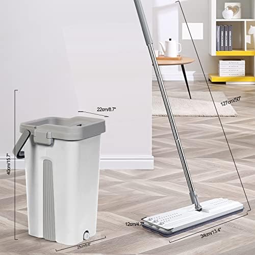 Mop and Bucket Set, Microfibre Flat Mop for Wet & Dry with Stainless Steel Handle, Twin Chamber Bucket Suitable for All Floor (White)