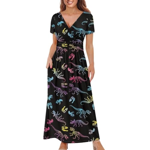 Image of Women's Fall Summer Short Sleeve Ankle Length V-Neck Party Dress with Pockets Size S-3XL