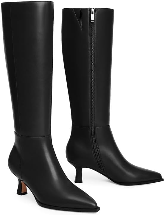 Modatope Knee High Boots Kitten Low Heel Faux Leather Pointed Toe Side Zipper Fall Long Tall Boots for Women - Image 5