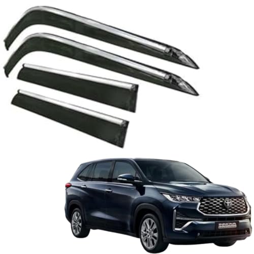 Image of CAR SAAZ Side Door Visors for Innova Hycross (2023-Onwards) (Set of 4Pcs)|Chrome Lined Rain Guards, Polycarbonate, Smoke Finish