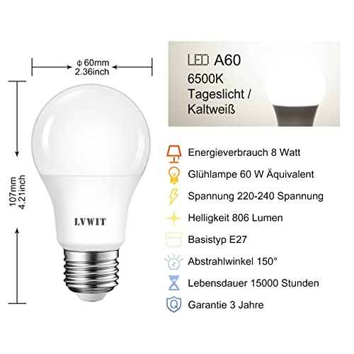 LVWIT LED E27 Birne 60W Kaltweiß 6500K, ultrahell 806 lm, matte LED Lampe (6er Pack) – Ansicht 3