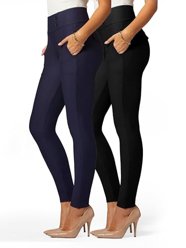 Conceited 2-Pack Stretch Slacks for Women - Wear to Work - Slim Leg Dress Pants with Pockets - Black, Navy - (Medium)