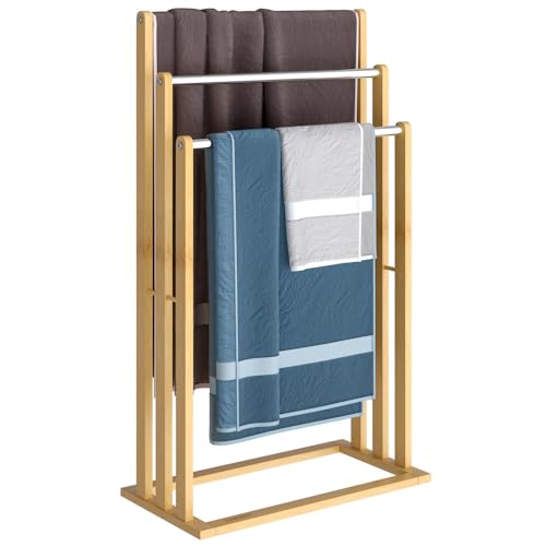 Porte-Serviettes en Bambou sur Pied avec 3 Barres Support pour Serviettes Étagère de Salle de Bain