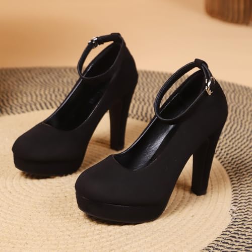 Women's Suede Platform Chunky High Heel Pumps with Ankle Buckle Closed Round Toe Sexy Ultra-High Heeled Dress Y2K Party Shoes for Gala Prom Show2